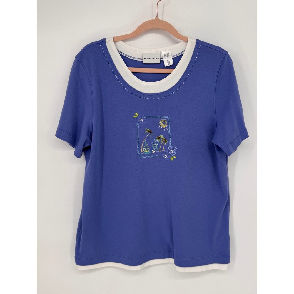 Alfred Dunner T-Shirt Women L Blue Good Tropical Embroidered Beaded Layered Tee